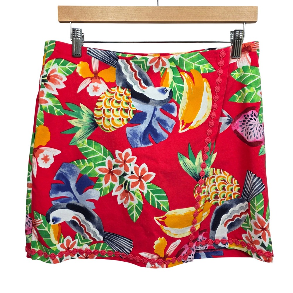 Crown and Ivy Tropical Skort Toucan Fruit Faux Wrap Ribbon Trim Womens 8 Res